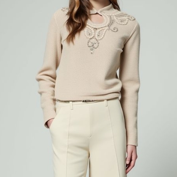Lauren Michelle Cream Sweater with Embellished Neckline Size Large - Picture 8 of 10